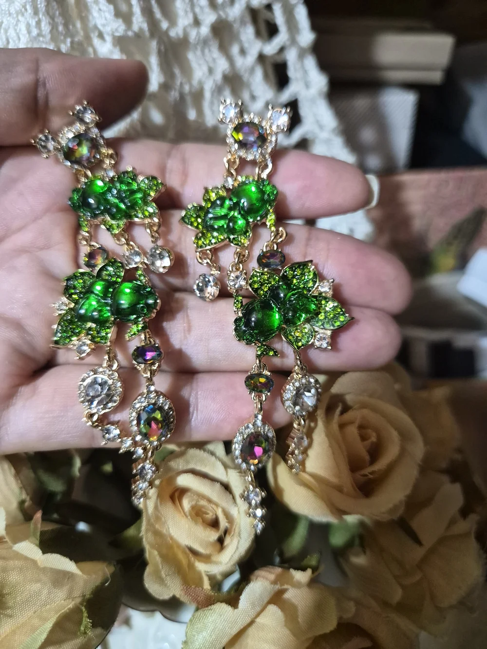 Gold-Tone Green Crystal Floral Dangle Earrings
